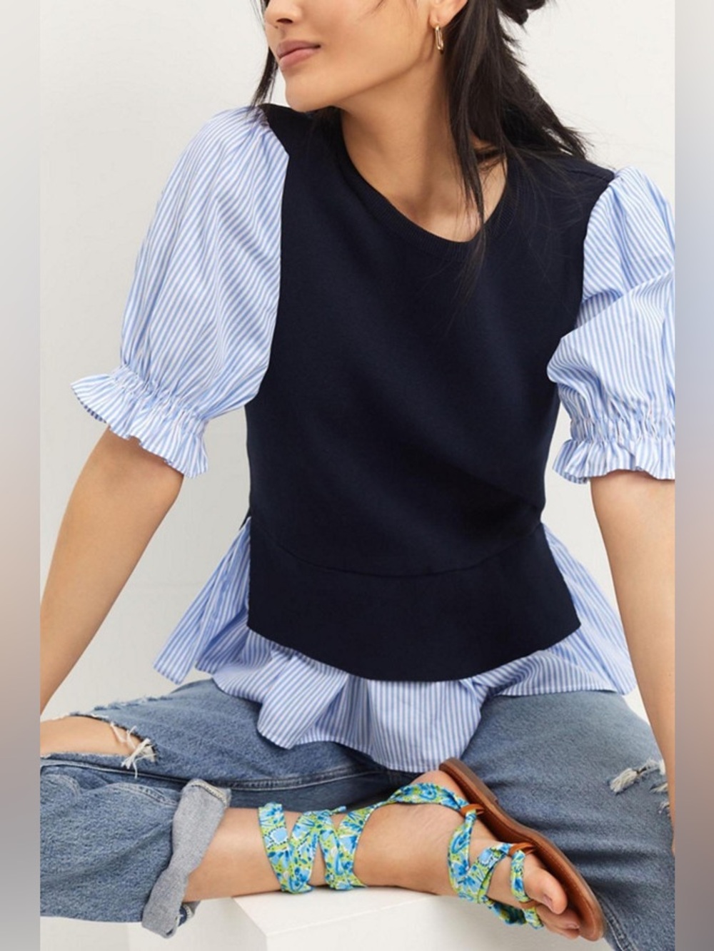 Anthro Puff Sleeve Layered Knit Top Blue Stripe Peplum XS NWT